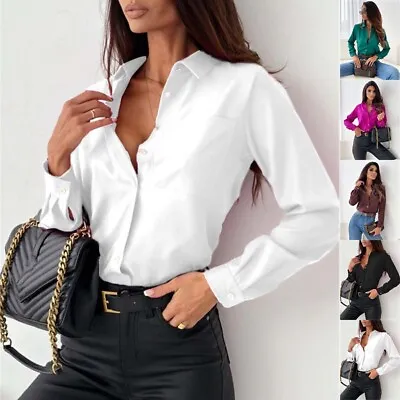 Womens Solid Blouse Tops Office Lady T-shirts Ladies Sexy V-neck Pullover Shirt • £10.49