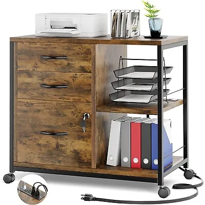 3 Drawer File Cabinet With Charging Ports Locking Drawers Rolling Lateral Brown • $105.54