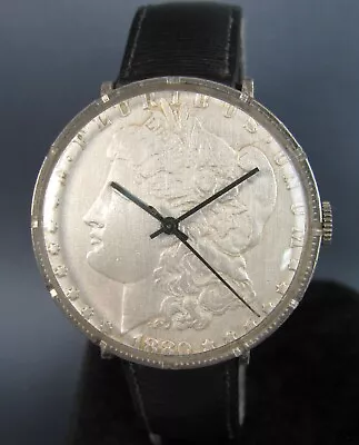 Vintage Real 1880 Silver Morgan Dollar Mens Watch 17J Swiss 1960s Serviced • $329