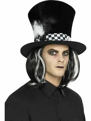 Dark Mad Hatter Tea Party Top Hat With Hair Halloween Mens Fancy Dress Accessory • £11.65