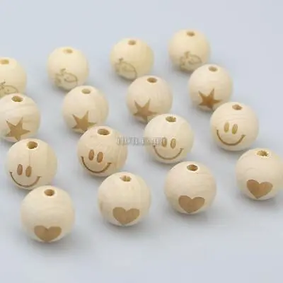 £6.60 • Buy 20pc/lot 20mm Round Natural Wood Beads Carved Smiling Face Heart Star Elephant