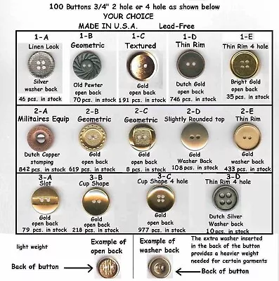 100 Metal 3/4  Buttons 2 Or 4 Hole Gold Silver Antique 19mm -choice Of 14 Styles • $20.50