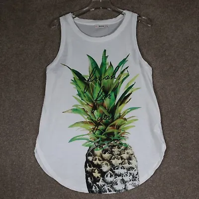 $17.97 • Buy Bershka Shirt Women Small White Pineapple Casual Sleeveless Round Neck