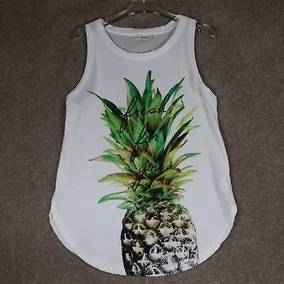 $13.48 • Buy Bershka Shirt Women Small White Pineapple Casual Sleeveless Round Neck