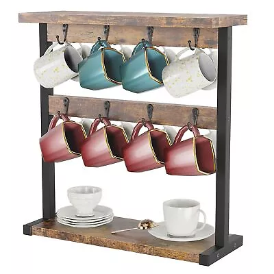 Wood Coffee Mugs Holder For Counter With 16 Hooks 2 Tier Mugs Tree With Top ... • $35.32