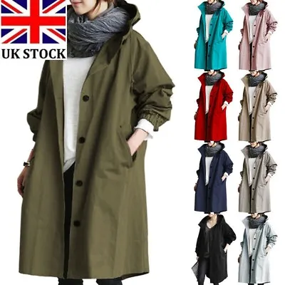 UK Womens Oversize Hooded Trench Coat Ladies Outdoor Wind Raincoat Forest Jacket • £15.99