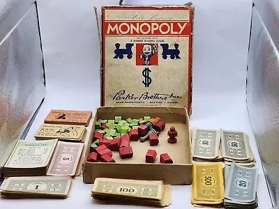 Vintage WWII Era MONOPOLY Board Game  Wood Pieces 1935 Money Complete No Board • $36