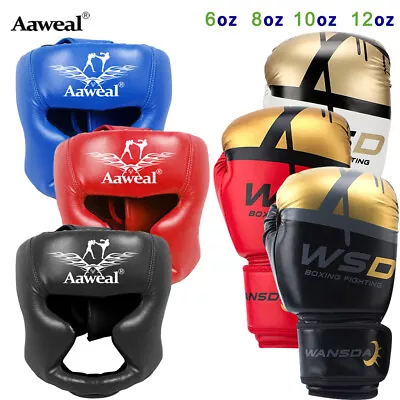 Boxing Gloves And Head Guard Headgear Punching Glove MMA Muay Thai Training Gear • $43.69