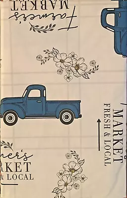 Farmer's Market Vinyl Flannel Back Tablecloth 52 X 90 Blue Truck White Flowers • $19.99