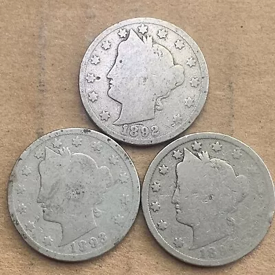 $14 • Buy Liberty V Nickel. 3 Coin Lot. 1892, 1893 & 1894. Free Shipping.