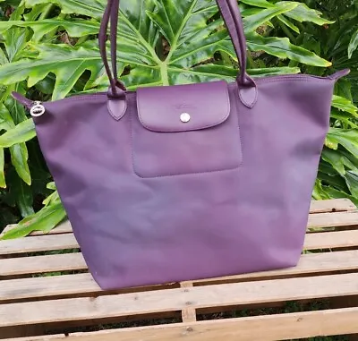 Longchamp Modele Depose Large Purple Plum Leather Nylon 19x12 FLAWS • $39.95