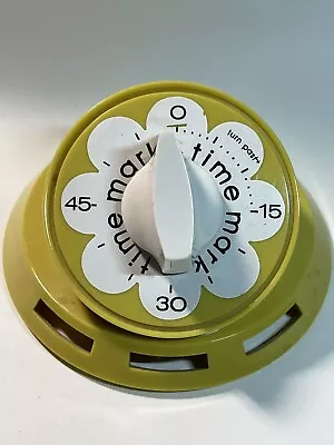 Vintage Mark Time Kitchen Timer 70s Yellow W/ Center Flower Works One Hour Bell • $22.99