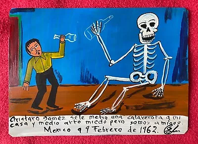 Mexican Folk Art Man Finds Gigantic Skeleton In His Home Painted Ex Voto Retablo • $38