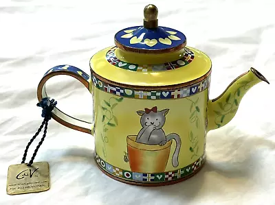 $19.99 • Buy Charlotte Di Vita Yellow CAT With Bow In Flower Pot Miniature Enamel Teapot