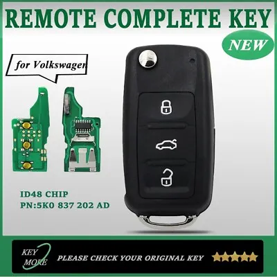 Flip Remote Key Fob (3 Buttons) 434Mhz ID48 For Volkswagen- 5K0 837 202 AD Smart • $12.58