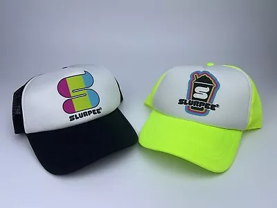 Two Limited Edition Slurpee 7-Eleven Trucker Hats Snapback 1- Black 1-Neon • $20