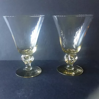  2 Bulbous Stemmed Glassware Amber Goblets 5.5  Tall Depression Vintage  • $18.76