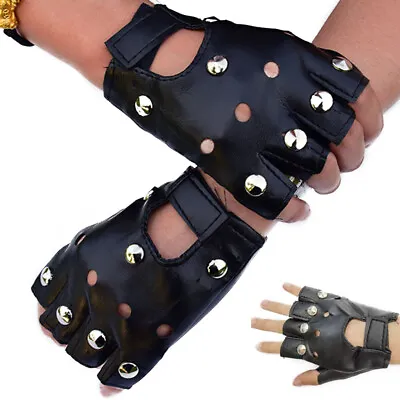 PU Leather Half Finger Gloves Silver Rivets Gloves Driving Fingerless Mittens • $3.22