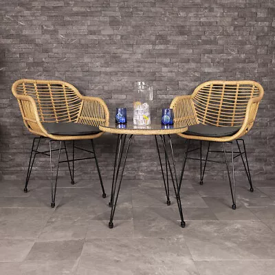 Charles Bentley Rattan Steel Frame 2 Seater Bistro Garden Set  - Natural/Grey • £169.99