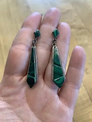 Vintage Southwestern Sterling Silver Malachite Drop Dangle Earrings Art Deco • $25