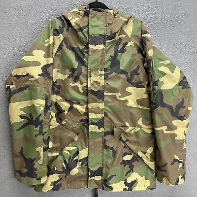 Military Jacket Medium Long Parka Cold Weather Woodland Camo Taped Seams Pockets • $99.99