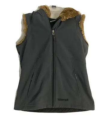 Marmot Womens Furlong Vest Full Zip Fur Lined Hooded Charcoal Gray Pockets S • $31.99