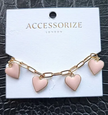 £7.19 • Buy Accessorize, Libby, Gold Tone Pink Enamel Heart Chain Link Bracelet 