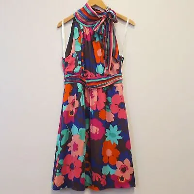 NWT SHOSHANNA Bow Tie Dress Bright Floral Pink Blue 100% Silk Knee Length Sz 8 • $69.88