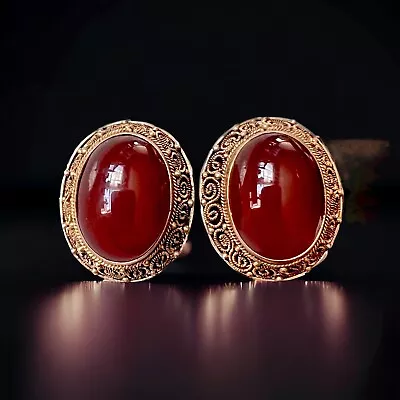 Vintage Gold Clip-On Earrings With Carnelian Cabochons • $33.60