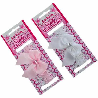 Soft Touch Baby Girl Headband Lace Satin Bow Gem Pink White Newborn Head Band • £2.95