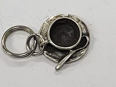 Sterling Silver 3D Small Tea Coffee Cup Saucer Spoon Dangle Charm • £25.07