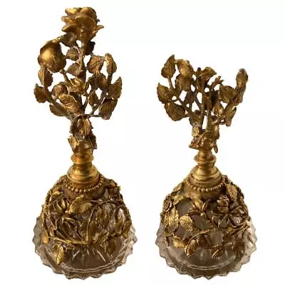 Elegant Matson Perfume Bottle Gold Brass Filigri Over Glass Vintage Set Of 2 • $125