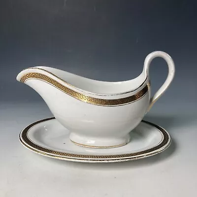 Vintage MINTONS Minton Grecian Greek Key Gilt Gold Rim Gravy Sauce Boat & Saucer • £10.95