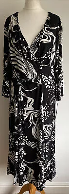 Libra Dress Size 16 Black/White Patterned Jersey Faux Wrap Ruched Midi  • £22.98