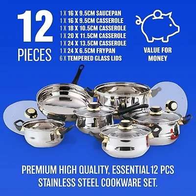 12pc Stainless Steel Cookware Saucepan Pan Pot Set New • £29.90