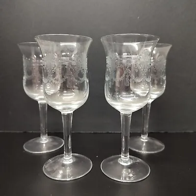 $19.99 • Buy Lot Of 4 Vintage Etched Crystal Sherry/Wine Stemware Glasses W/ Band, Wreath