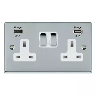 Hamilton Hartland USB Power Double Sockets Polished Chrome White Inserts NEW • £39.85