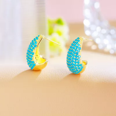 Gold Plated Cubic Zircon Micro Pave Turquoise Drop Dangle Hoop Earring For Women • $6.99