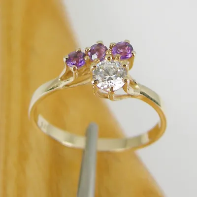 Round CZ & Natural Amethyst Gemstone High Claws Ring Genuine 375 9k Yellow Gold • $208.68