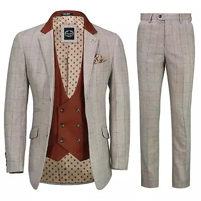 Mens 3 Piece Tweed Herringbone Red Check On Beige MOD Vintage Suit Tailored Fit • £89.99