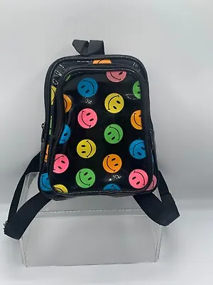 Black/ Round Smiley Happy Face Backpack Bag Tote 1990s Rare Vintage • $44.99