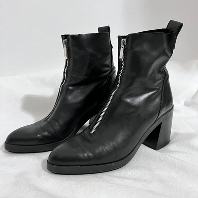 $42.99 • Buy Zara Trafaluc Black Zip Front Chunky Leather Boots Size EU 39 / US 8 Steampunk
