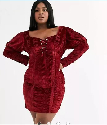 $49.90 • Buy ASOS Curve Dress Womens Plus 20 Red Velvet Broderie Mini Gothic Medieval Lace Up