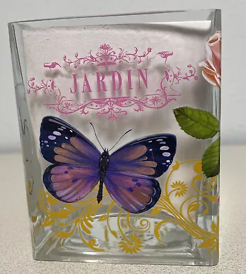 Teleflora Jardin Roses Butterfly Clear Glass Square Cube Vase HEAVY Flowers • $15.99