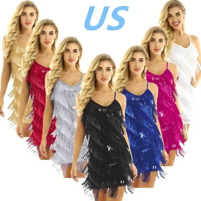 $17.99 • Buy US Women Fringe Flapper Sequins Fringe Tassel Gowns Rumba Latin Dance Midi Dress