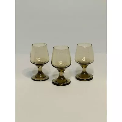 VTG Libbey Brown Smoke Pedestal Stemmed Cordial Mini Shot Glasses 1970 Set Of 3 • $22.98