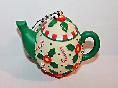 Mary Engelbreit Teapot Candy Cane & Red Flowers Tea Pot Christmas Tree Ornament • $21.99