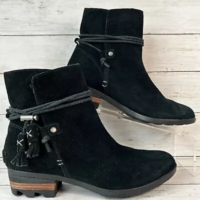 Sorel Farah Tassel Ankle Boots Womens 8 Black Suede Booties Slip On Waterproof • $35