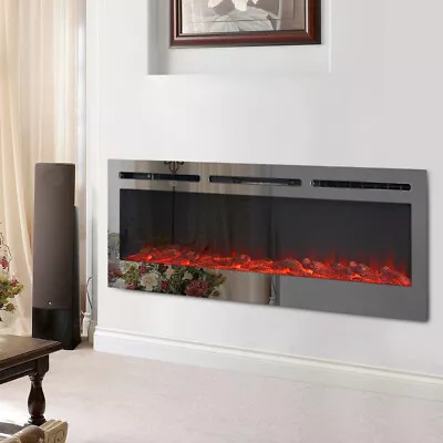 12 Flames LED Wall Recessed Insert In Wide Electric Fire 40  Inch Mirrored Black • £189.95