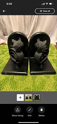 Pair Of 2 Industrial Black Metal Cat Bookends Wrought Iron • $25